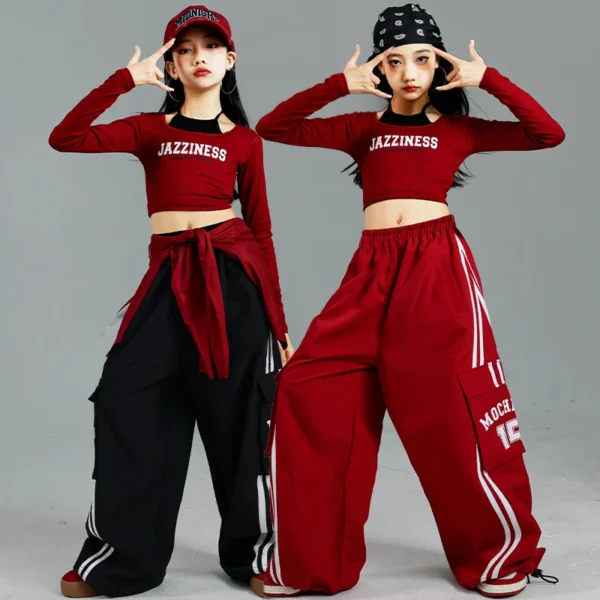 Kids Fashion Hip Hop y2k Longsleeve T-shirt Pants Set For Girls Performance Costume Stage Outfit Child Dance Suit Street Wear - Image 3