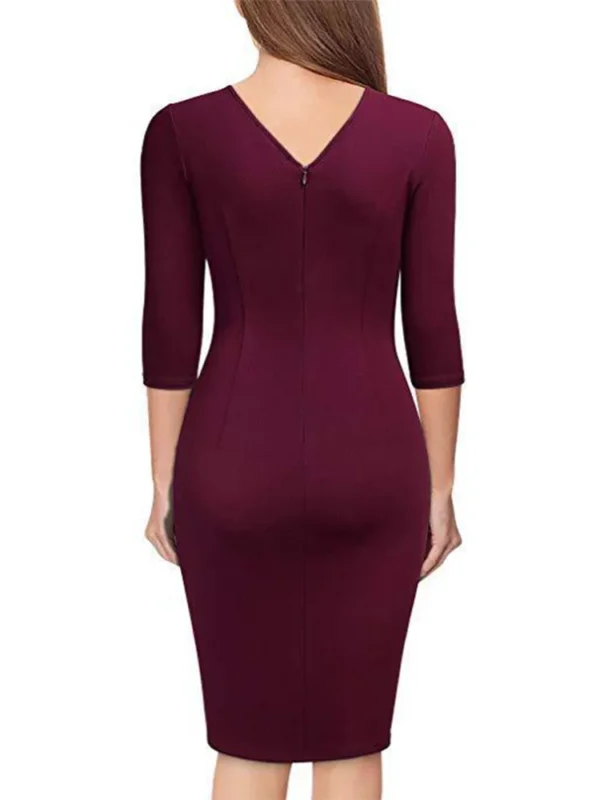 Office Lady Spring Dress V Neck Short Sleeve Dresses Women Pleat Bodycon Robe Vestido - Image 4
