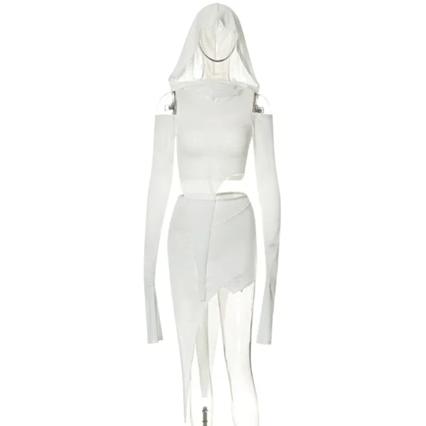 Hooded Soild Hollow Out Two Piece Sets Womens Outfits Short Skirt Asymmetries Clothes Silm Streetwear Strapless Sleeves Top - Image 34