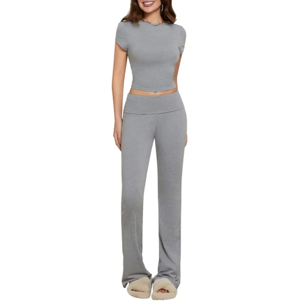 Women s 2 Piece Casual Outfits Short Sleeve Crop Tops Solid Color Skinny Pants Sets - Image 6