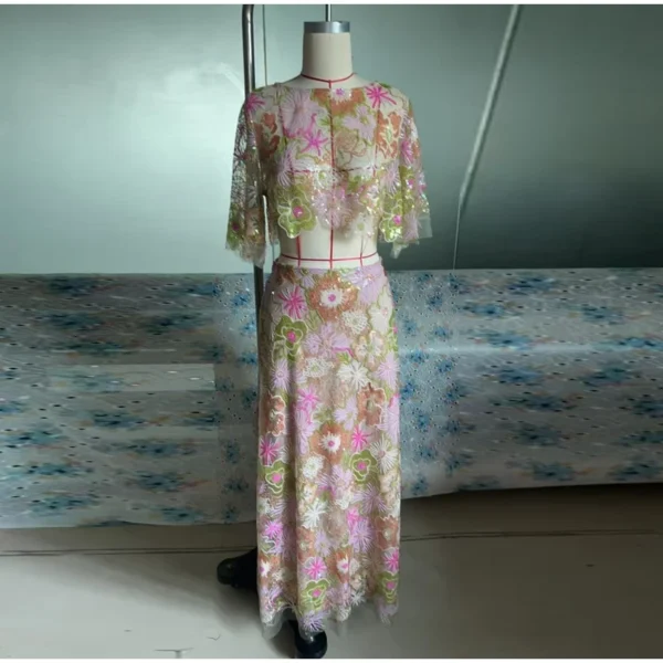 Printed Crop Top Skirts Set Women Embroidery Sequin See Through Short Sleeve Shirt Slim Fit Short Skirt Summer Beach Outfit - Image 15