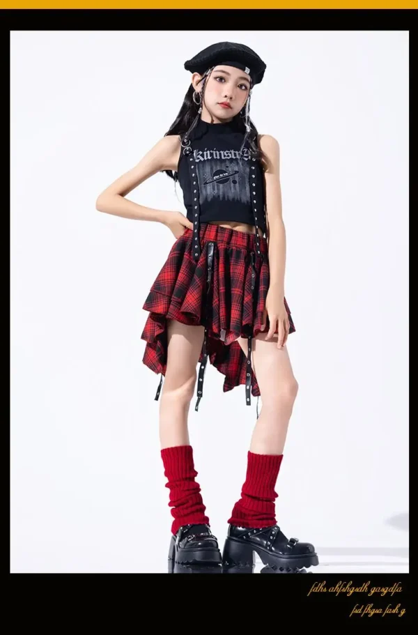 Hip Hop Girls Crop Top Plaid Street Dance Skirt Kids Ribbon Pleated Skirts Teens Jazz Cool Costumes Child Streetwear Clothes Set - Image 18