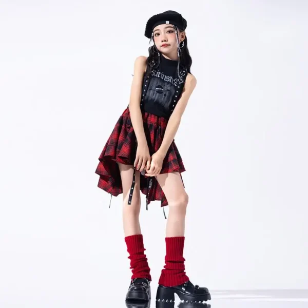 Hip Hop Girls Crop Top Plaid Street Dance Skirt Kids Ribbon Pleated Skirts Teens Jazz Cool Costumes Child Streetwear Clothes Set - Image 4