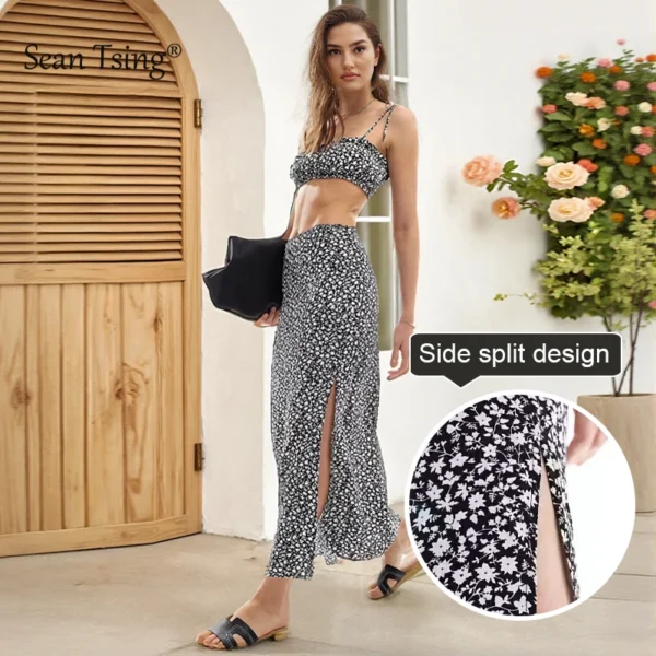 Floral Strap Vest Top with Tight Slit Half-Length Skirt 2-Piece Set Chic Outfit Floral Print Suspender Design - Image 3