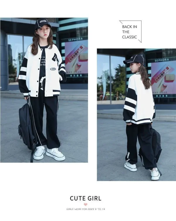 Girls Contrast Alphabet Single-breasted Sweat Varsity Jacket+Drawstring Sweatpant Set School Kids Tracksuit Child Outfit 3-14Yrs - Image 21