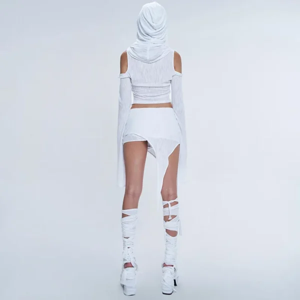 Hooded Soild Hollow Out Two Piece Sets Womens Outfits Short Skirt Asymmetries Clothes Silm Streetwear Strapless Sleeves Top - Image 29