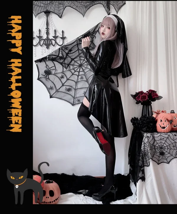 Halloween Latex Nun Costumes Women Black Leather Bodysuit With Headwear Nun Cosplay Dress Outfits Carnival Party Clothes - Image 16