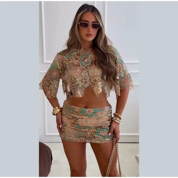 Printed Crop Top Skirts Set Women Embroidery Sequin See Through Short Sleeve Shirt Slim Fit Short Skirt Summer Beach Outfit - Image 24