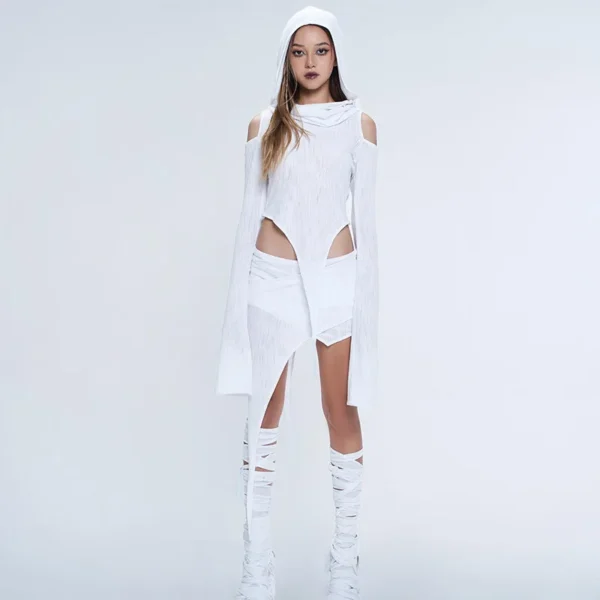 Hooded Soild Hollow Out Two Piece Sets Womens Outfits Short Skirt Asymmetries Clothes Silm Streetwear Strapless Sleeves Top - Image 28