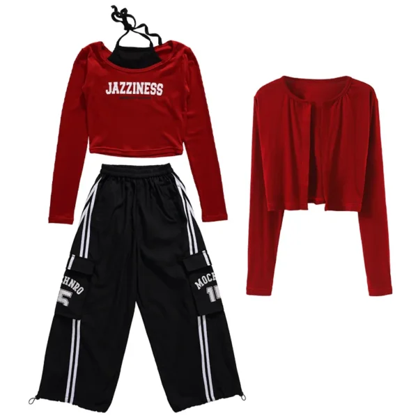 Kids Fashion Hip Hop y2k Longsleeve T-shirt Pants Set For Girls Performance Costume Stage Outfit Child Dance Suit Street Wear - Image 5