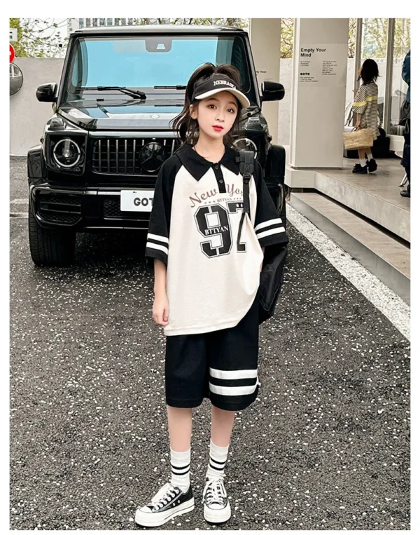 Summer Casual Girls Cotton Contrast Striped Preppy t-Shirt Tops+Short Pant Sets School Kids Tracksuit Child 2PCS Outfit 5-16Yrs - Image 13