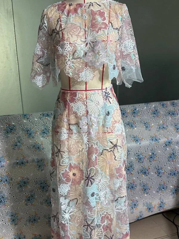 Printed Crop Top Skirts Set Women Embroidery Sequin See Through Short Sleeve Shirt Slim Fit Short Skirt Summer Beach Outfit - Image 16