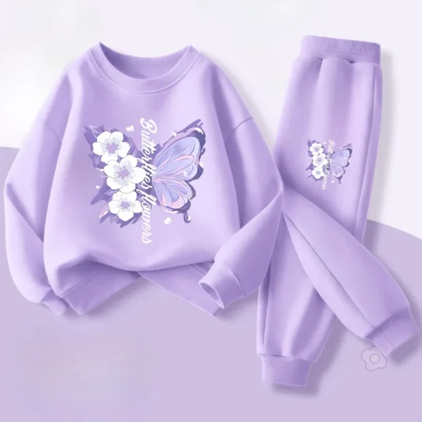 Spring Long Sleeved Top Long Pants Two Piece Sets for Girls Elegant Butterfly Printed Hoodies Suit Children's Outfits Tracksuit - Image 2