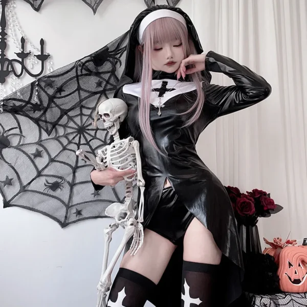 Halloween Latex Nun Costumes Women Black Leather Bodysuit With Headwear Nun Cosplay Dress Outfits Carnival Party Clothes - Image 2