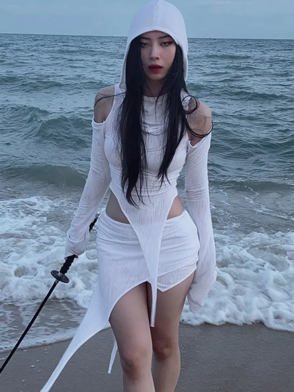 Hooded Soild Hollow Out Two Piece Sets Womens Outfits Short Skirt Asymmetries Clothes Silm Streetwear Strapless Sleeves Top - Image 2