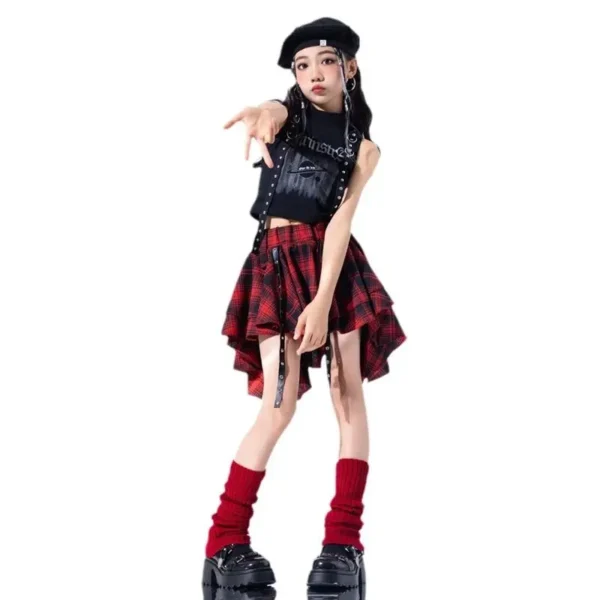 Hip Hop Girls Crop Top Plaid Street Dance Skirt Kids Ribbon Pleated Skirts Teens Jazz Cool Costumes Child Streetwear Clothes Set - Image 2