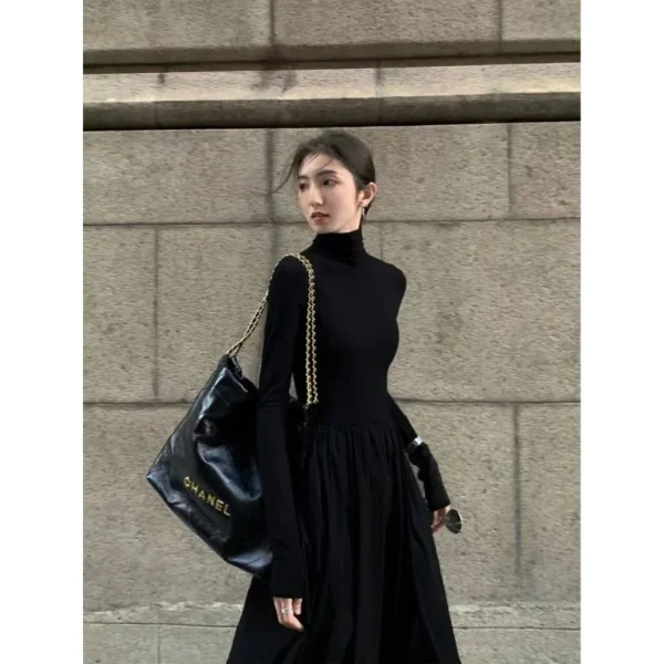 New French Style Temperament Women's High-Grade Black Dress Hepburn Style Gray Turtleneck Dress for Women Autumn Winter DF4964 - Image 2