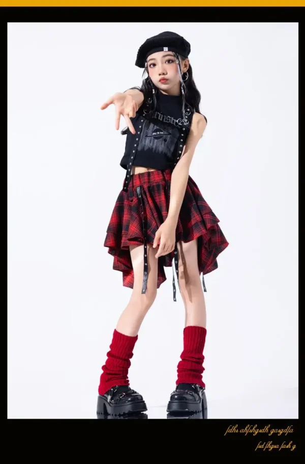 Hip Hop Girls Crop Top Plaid Street Dance Skirt Kids Ribbon Pleated Skirts Teens Jazz Cool Costumes Child Streetwear Clothes Set - Image 22