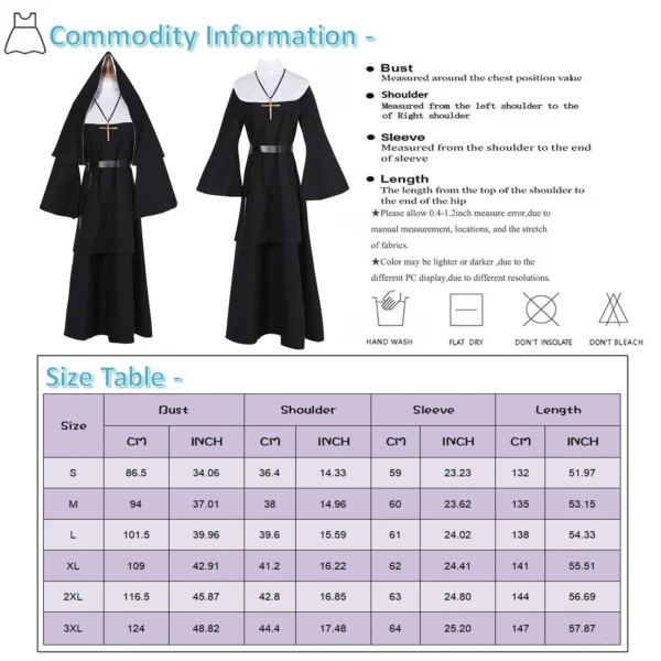 2025 Gothic Nun Cosplay Costume 4-Piece Set with Cape, Belt & Necklace for Halloween Role-Play Parties (Adult Size) - Image 3