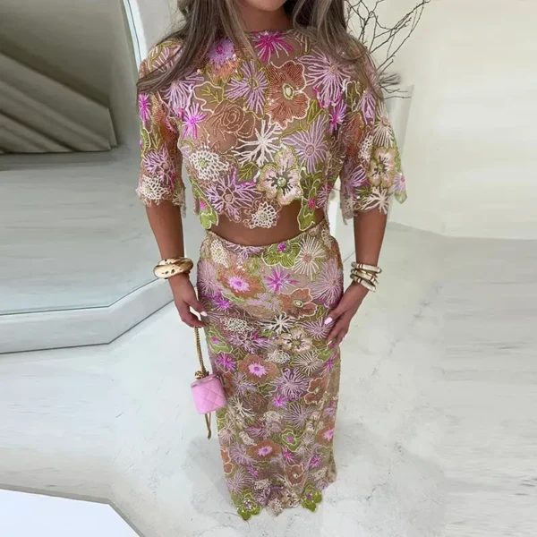 Printed Crop Top Skirts Set Women Embroidery Sequin See Through Short Sleeve Shirt Slim Fit Short Skirt Summer Beach Outfit - Image 32