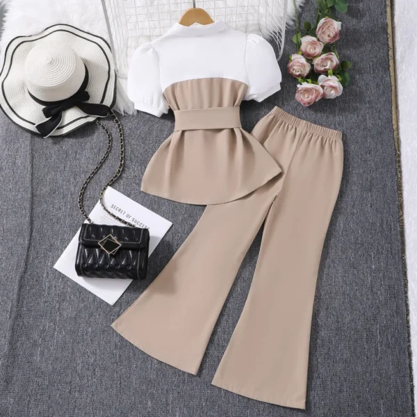 Big Girl Outfit Summer Short Sleeve Tops and Pants Children 2Pcs Set White Brown Splicing Fashion Teenage Clothing 7-12 Yrs Old - Image 2