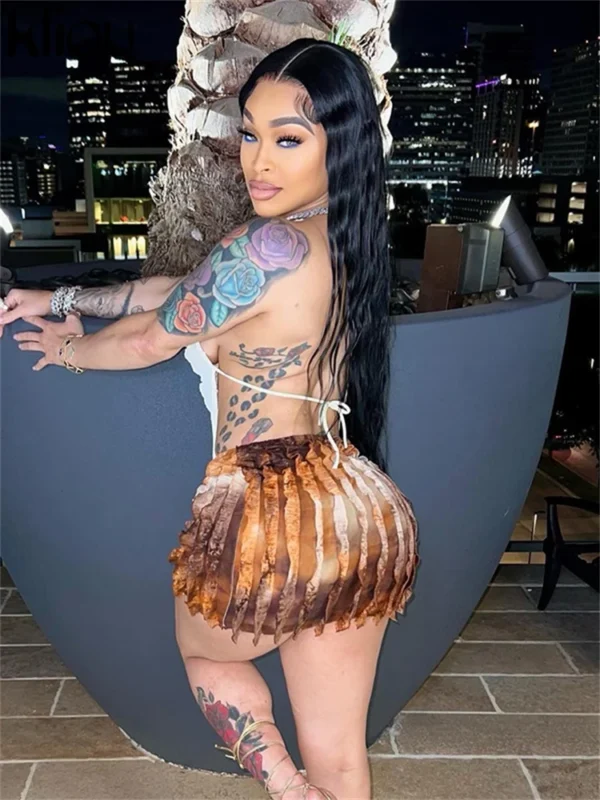 kliou Summer Women Mini Mesh Two Piece Set K23S37851 Girl Print Ruched Halter Camisole+Hip Skirt Outfit Dance Club Attire - Image 3