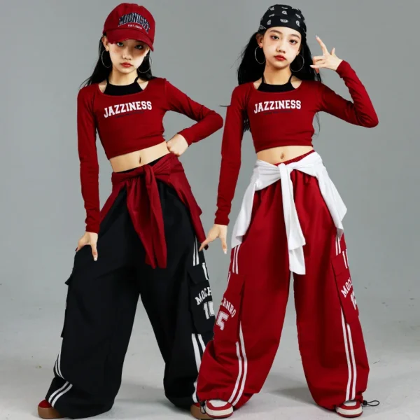 Kids Fashion Hip Hop y2k Longsleeve T-shirt Pants Set For Girls Performance Costume Stage Outfit Child Dance Suit Street Wear - Image 4
