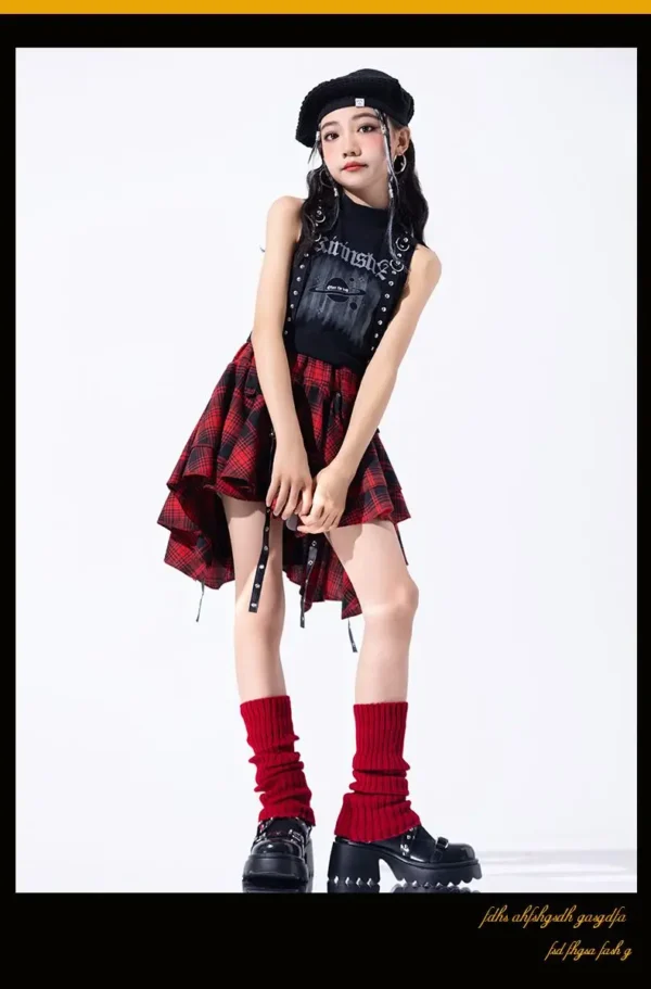 Hip Hop Girls Crop Top Plaid Street Dance Skirt Kids Ribbon Pleated Skirts Teens Jazz Cool Costumes Child Streetwear Clothes Set - Image 16