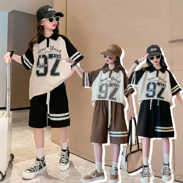 Summer Casual Girls Cotton Contrast Striped Preppy t-Shirt Tops+Short Pant Sets School Kids Tracksuit Child 2PCS Outfit 5-16Yrs