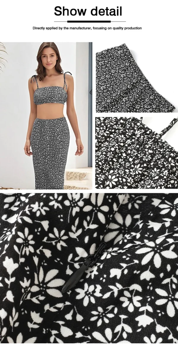 Floral Strap Vest Top with Tight Slit Half-Length Skirt 2-Piece Set Chic Outfit Floral Print Suspender Design - Image 18