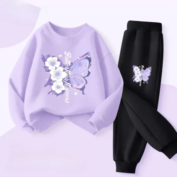 Spring Long Sleeved Top Long Pants Two Piece Sets for Girls Elegant Butterfly Printed Hoodies Suit Children's Outfits Tracksuit - Image 6