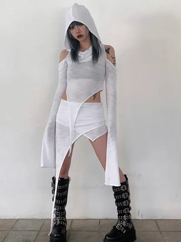 Hooded Soild Hollow Out Two Piece Sets Womens Outfits Short Skirt Asymmetries Clothes Silm Streetwear Strapless Sleeves Top - Image 7