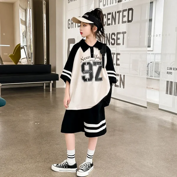 Summer Casual Girls Cotton Contrast Striped Preppy t-Shirt Tops+Short Pant Sets School Kids Tracksuit Child 2PCS Outfit 5-16Yrs - Image 4