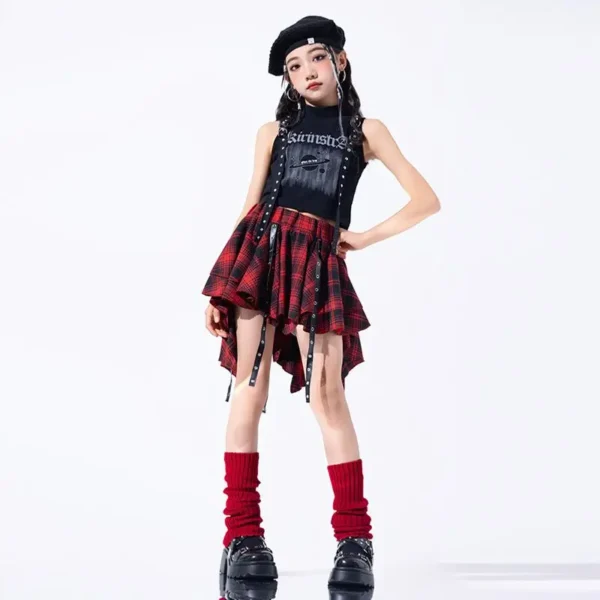 Hip Hop Girls Crop Top Plaid Street Dance Skirt Kids Ribbon Pleated Skirts Teens Jazz Cool Costumes Child Streetwear Clothes Set - Image 6