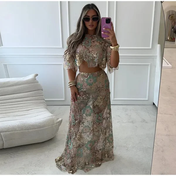 Printed Crop Top Skirts Set Women Embroidery Sequin See Through Short Sleeve Shirt Slim Fit Short Skirt Summer Beach Outfit - Image 36