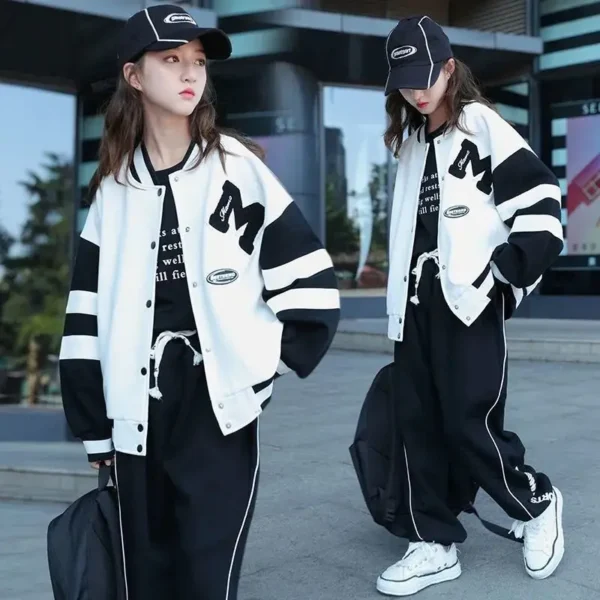 Girls Contrast Alphabet Single-breasted Sweat Varsity Jacket+Drawstring Sweatpant Set School Kids Tracksuit Child Outfit 3-14Yrs - Image 2