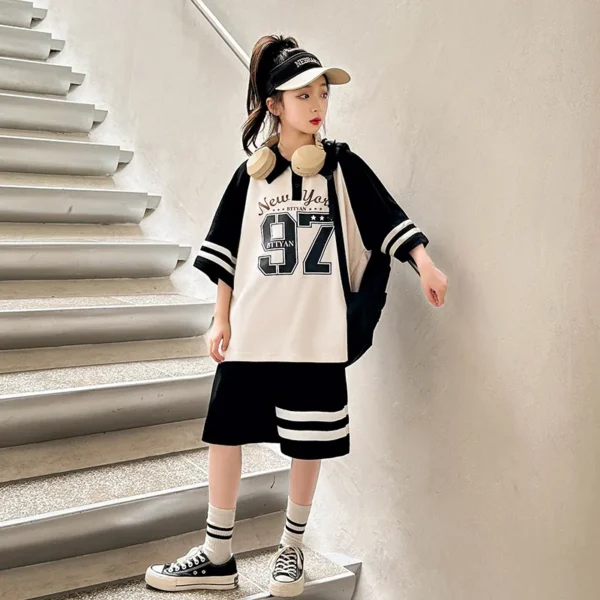 Summer Casual Girls Cotton Contrast Striped Preppy t-Shirt Tops+Short Pant Sets School Kids Tracksuit Child 2PCS Outfit 5-16Yrs - Image 15