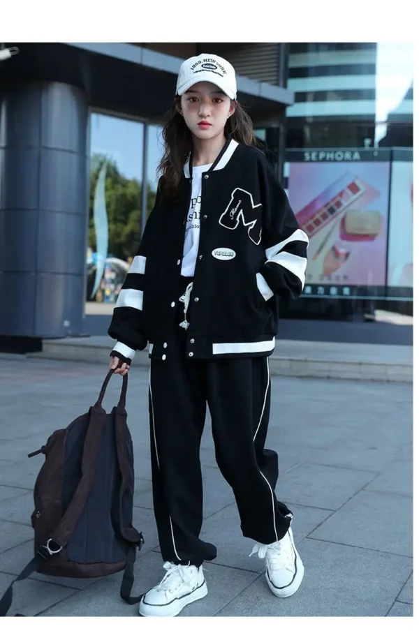 Girls Contrast Alphabet Single-breasted Sweat Varsity Jacket+Drawstring Sweatpant Set School Kids Tracksuit Child Outfit 3-14Yrs - Image 7