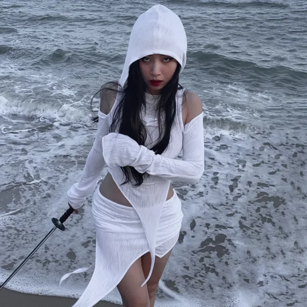 Hooded Soild Hollow Out Two Piece Sets Womens Outfits Short Skirt Asymmetries Clothes Silm Streetwear Strapless Sleeves Top - Image 24