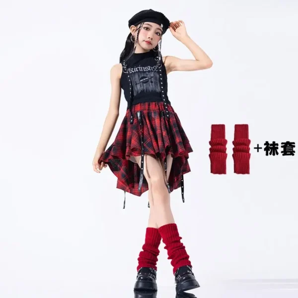 Hip Hop Girls Crop Top Plaid Street Dance Skirt Kids Ribbon Pleated Skirts Teens Jazz Cool Costumes Child Streetwear Clothes Set - Image 3