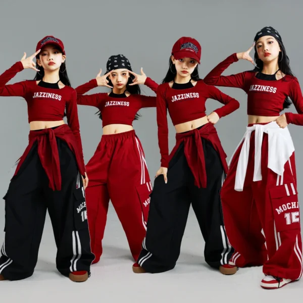 Kids Fashion Hip Hop y2k Longsleeve T-shirt Pants Set For Girls Performance Costume Stage Outfit Child Dance Suit Street Wear - Image 2