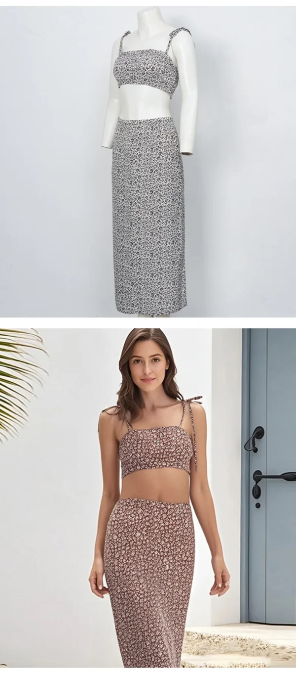 Floral Strap Vest Top with Tight Slit Half-Length Skirt 2-Piece Set Chic Outfit Floral Print Suspender Design - Image 16