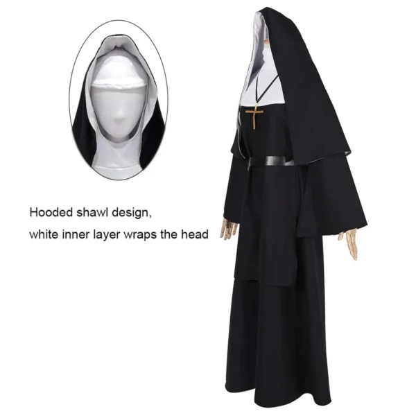 2025 Gothic Nun Cosplay Costume 4-Piece Set with Cape, Belt & Necklace for Halloween Role-Play Parties (Adult Size) - Image 11