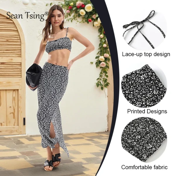 Floral Strap Vest Top with Tight Slit Half-Length Skirt 2-Piece Set Chic Outfit Floral Print Suspender Design - Image 4