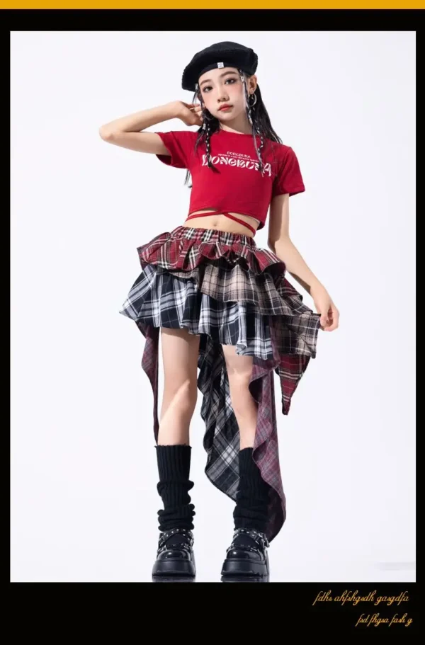 Hip Hop Girls Crop Top Plaid Street Dance Skirt Kids Ribbon Pleated Skirts Teens Jazz Cool Costumes Child Streetwear Clothes Set - Image 26