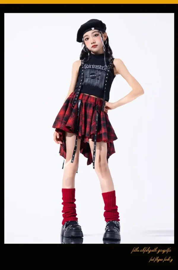 Hip Hop Girls Crop Top Plaid Street Dance Skirt Kids Ribbon Pleated Skirts Teens Jazz Cool Costumes Child Streetwear Clothes Set - Image 19