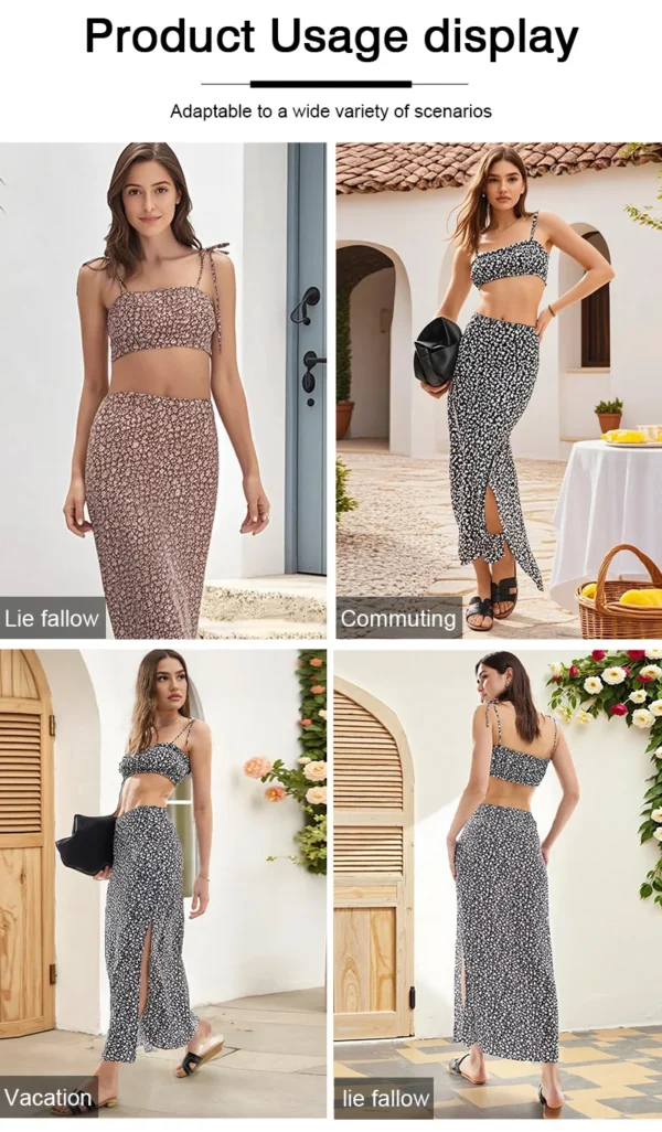 Floral Strap Vest Top with Tight Slit Half-Length Skirt 2-Piece Set Chic Outfit Floral Print Suspender Design - Image 12