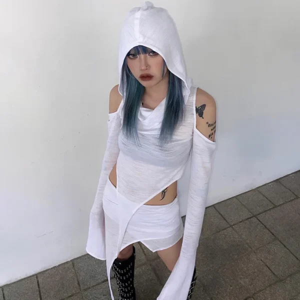 Hooded Soild Hollow Out Two Piece Sets Womens Outfits Short Skirt Asymmetries Clothes Silm Streetwear Strapless Sleeves Top - Image 20