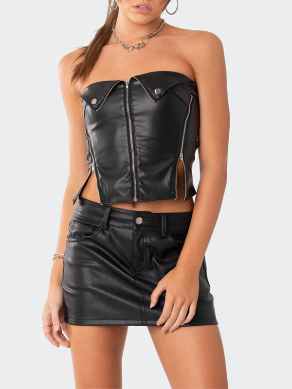 Women s Summer 2Pcs Leather Outfits Strapless Front Zipper Tube Tops Mini Bodycon Skirt Set Party Clothes - Image 12