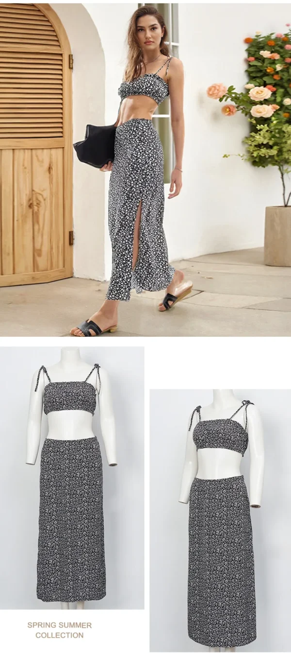 Floral Strap Vest Top with Tight Slit Half-Length Skirt 2-Piece Set Chic Outfit Floral Print Suspender Design - Image 14